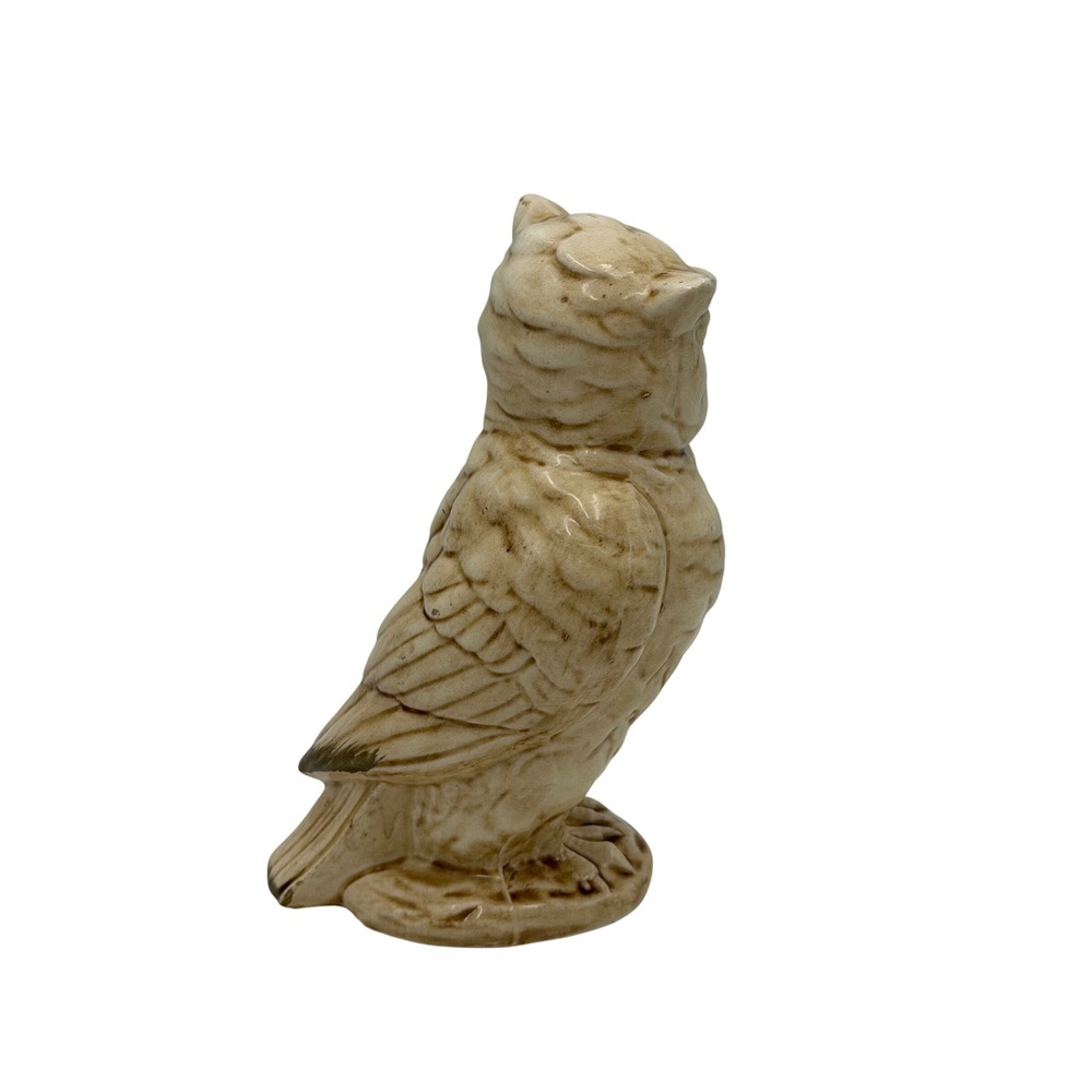 Vtg MCM Ceramic Horned Owl Figurine Cream Brown Glaze Home Decor Accent 7" Core - Picture 4 of 6